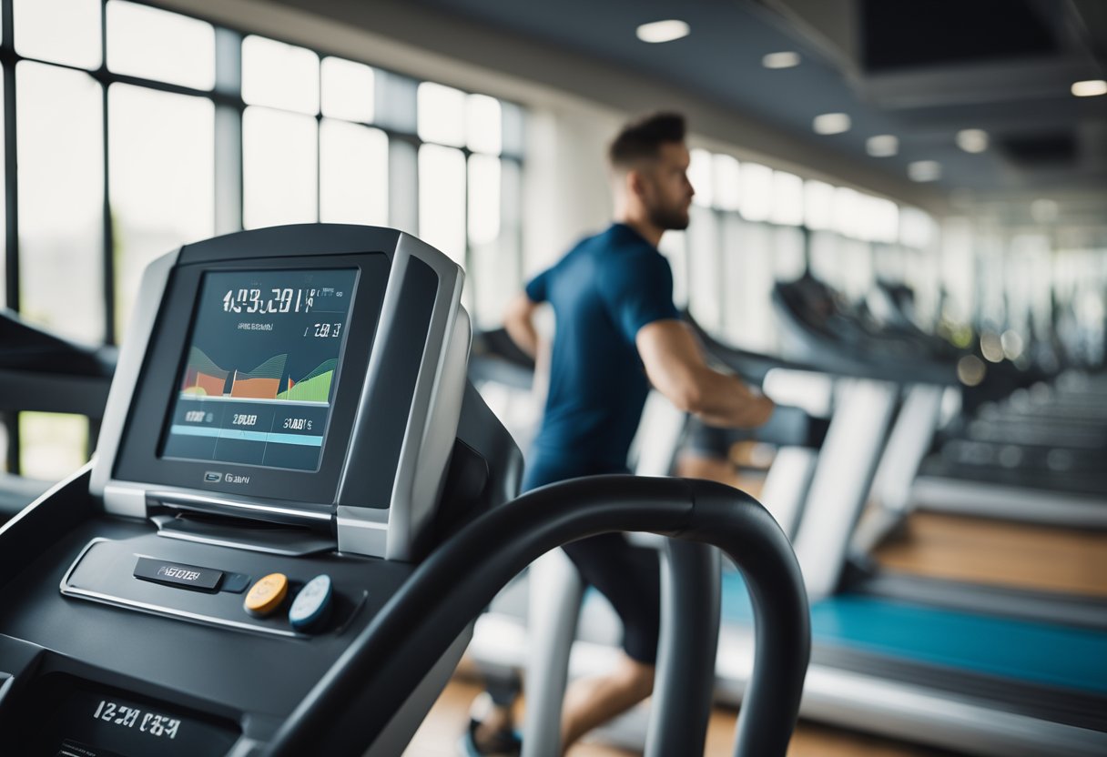 A treadmill with a digital display showing time and distance. A water bottle and towel on the side. The treadmill is set at a moderate speed with a slight incline