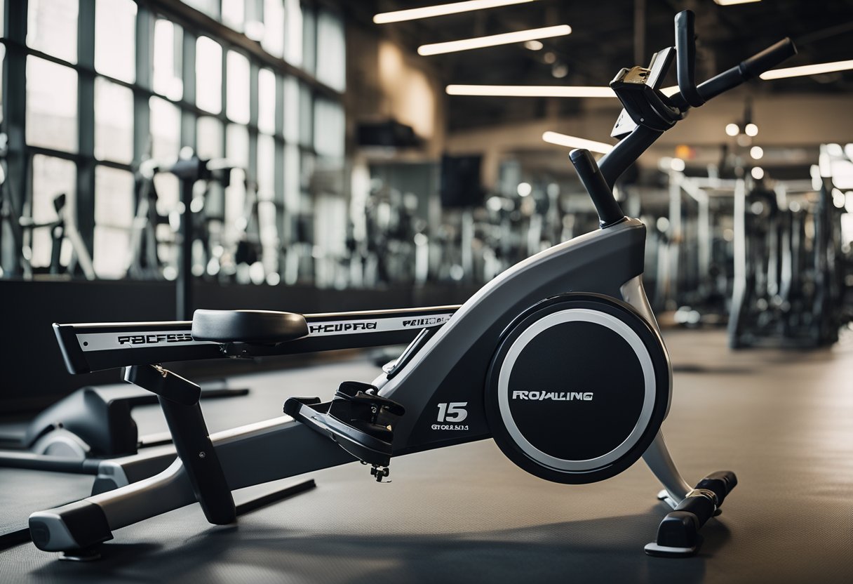 A rowing machine sits in a well-lit gym, surrounded by other fitness equipment. The machine's seat is positioned on a rail, with foot pedals at the base and a handlebar at the front