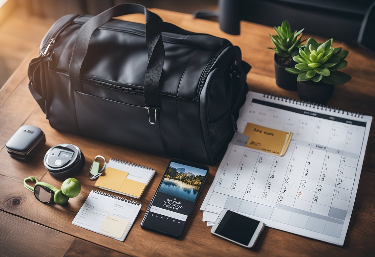 A person's fitness journey: a calendar with achievable milestones, a gym bag packed with essentials, and a vision board with motivational quotes and images