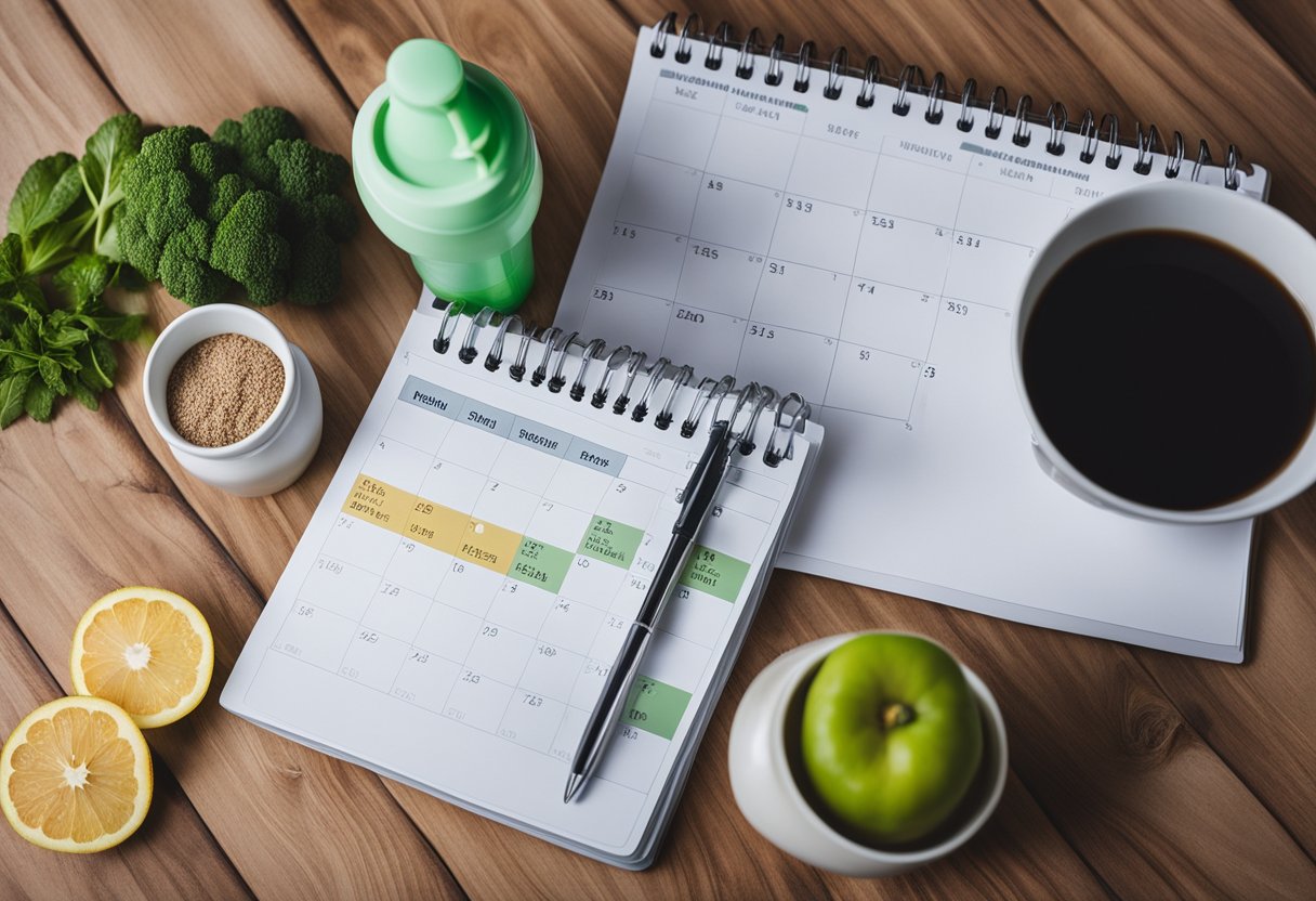 A table with balanced meals, a water bottle, and a recovery shake. A journal with fitness goals and a calendar with workout schedules