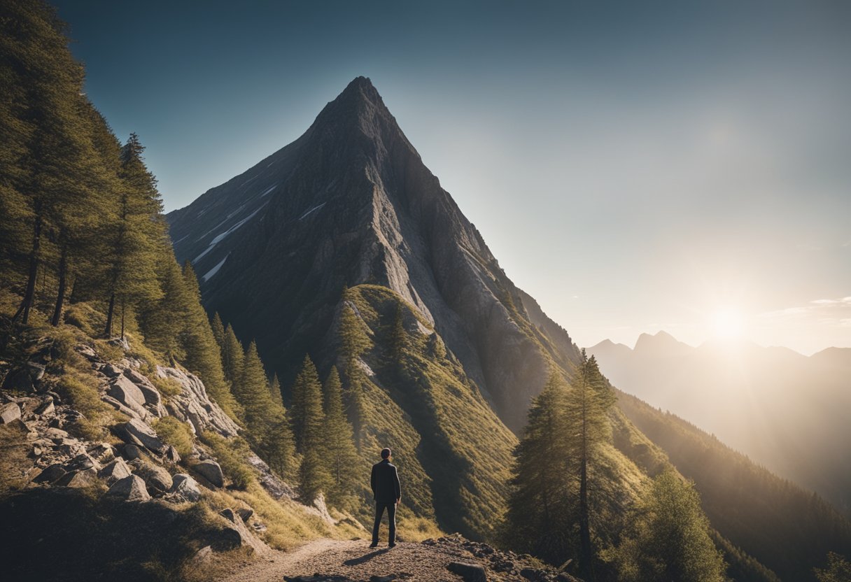 A person standing at the base of a mountain, looking up at the peak with determination. The path to the top is winding and challenging, but the person is focused and ready to conquer the climb