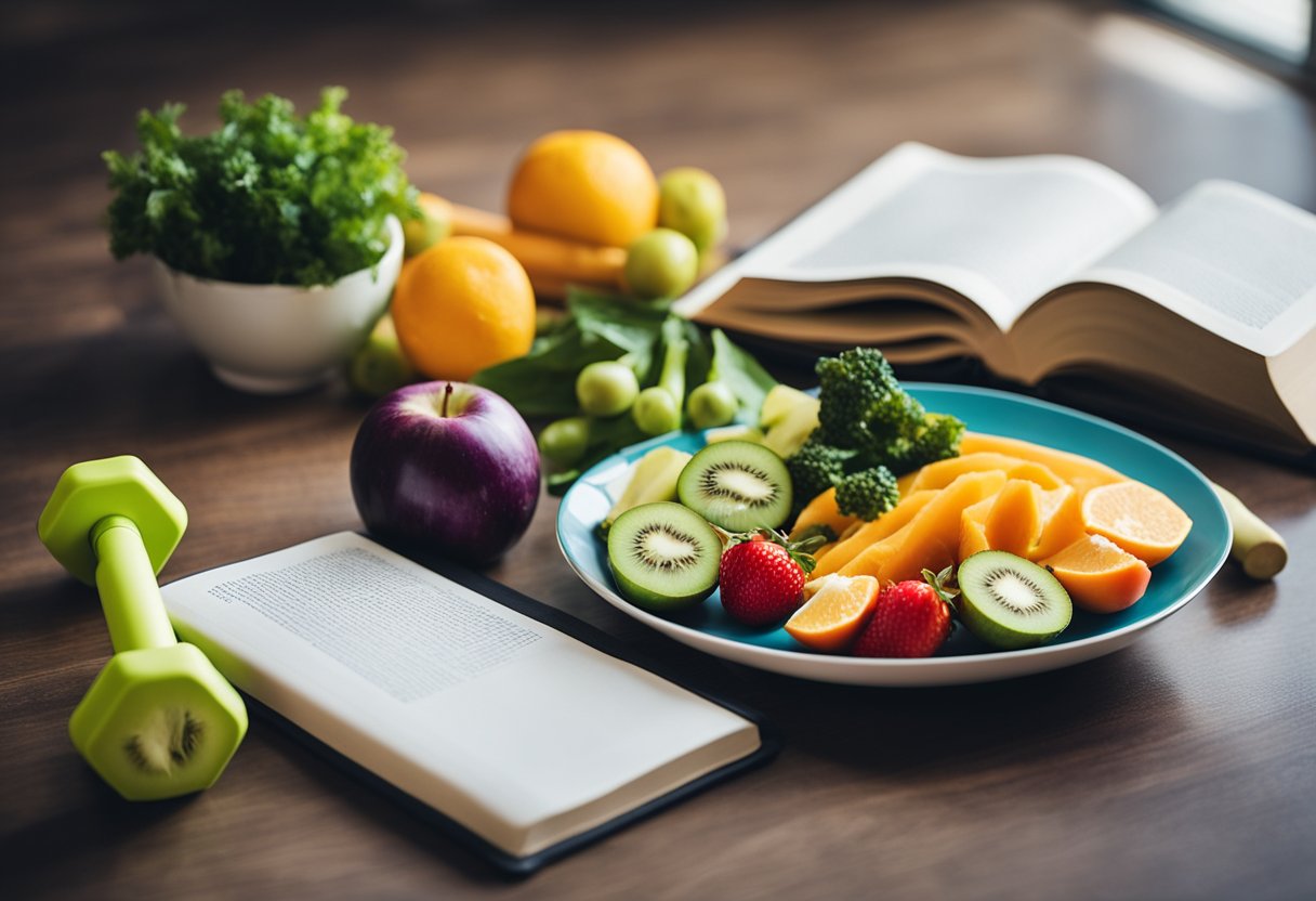 A colorful plate of fruits, vegetables, and lean proteins, alongside a set of dumbbells and a yoga mat, with a book titled "Nutrition and Lifestyle for Optimal Strength Guide to Strength Training for Women."