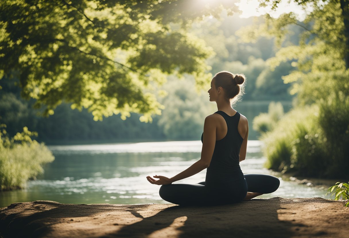 A serene landscape with a calm river flowing, surrounded by lush greenery and a clear blue sky. A person is practicing yoga or stretching by the water's edge