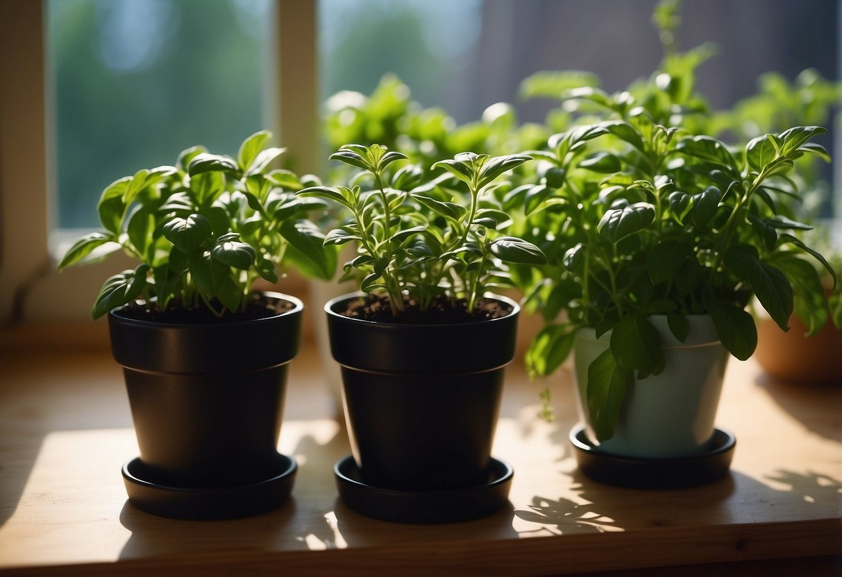 Lush pots of basil, rosemary, and mint thrive on a sunny windowsill. Their vibrant green leaves and aromatic scents fill the room with a sense of freshness and tranquility