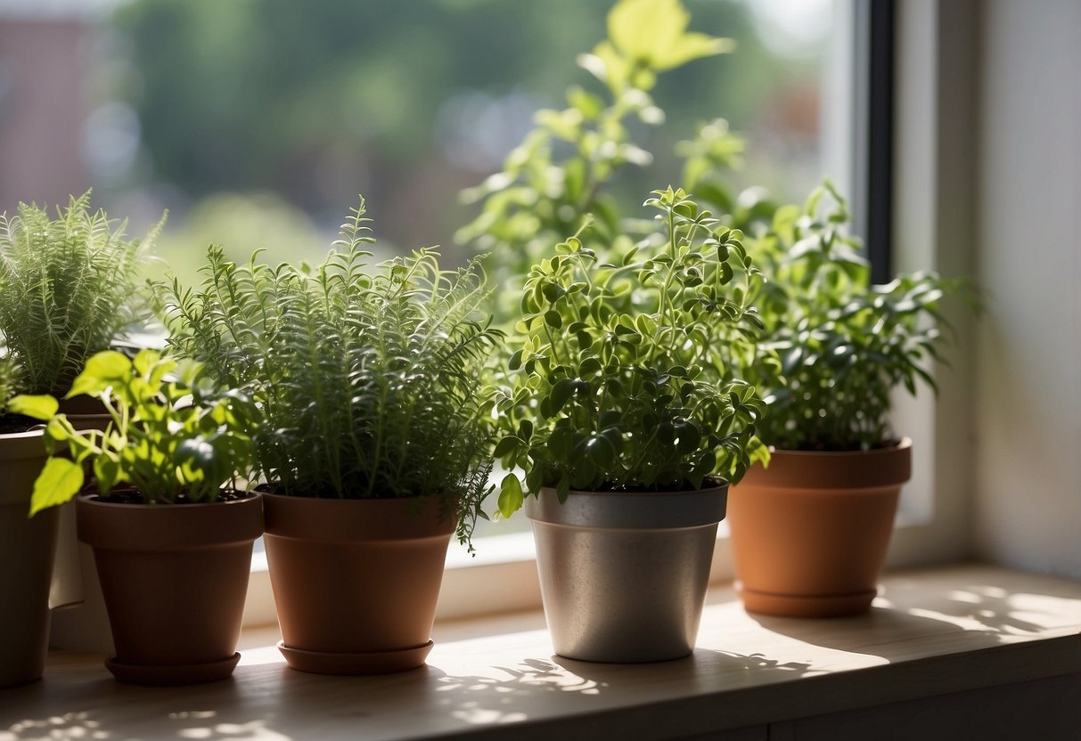 Lush green herbs grow in pots on a sunny windowsill, filling the room with their fragrant aroma. A watering can sits nearby, ready to nourish the thriving indoor garden