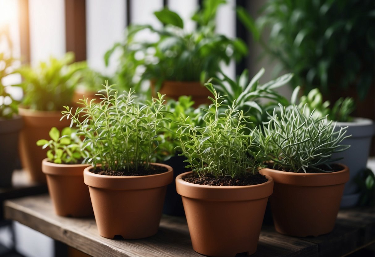 Lush, vibrant herbs thrive in sunlit, well-drained pots. Aromatic scents fill the room as the plants flourish indoors