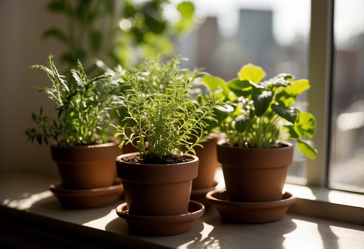 Lush green herbs growing in small pots on a sunny windowsill, with tendrils reaching out and delicate leaves spreading towards the light