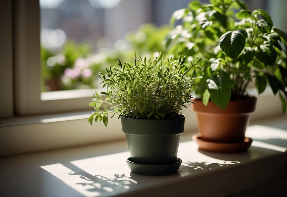 Lush potted herbs on a sunny windowsill, with vibrant green leaves and delicate flowers, filling the room with a fresh, earthy aroma