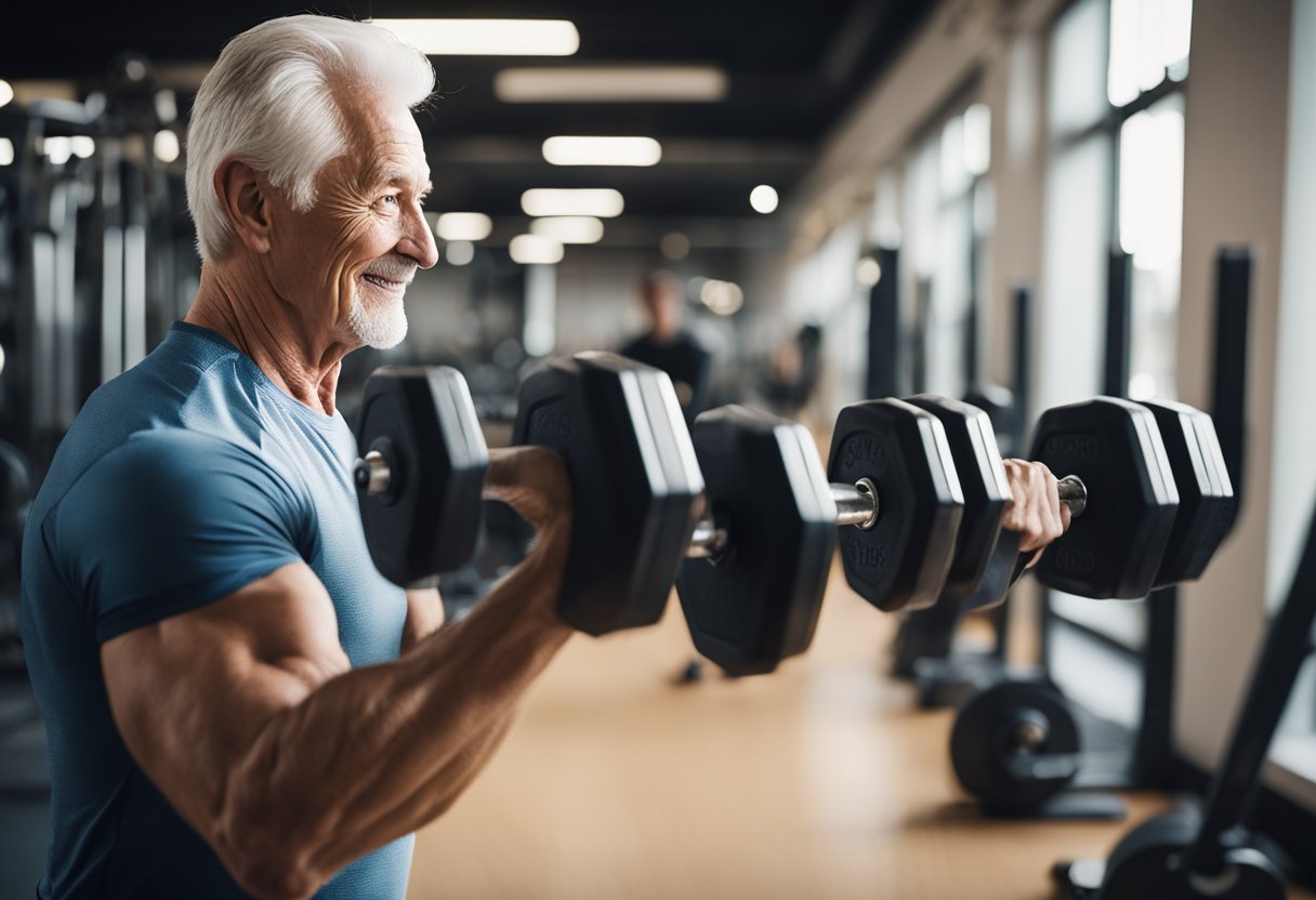 A senior lifts dumbbells in a well-lit gym, surrounded by exercise equipment and motivational posters. An instructor offers guidance nearby