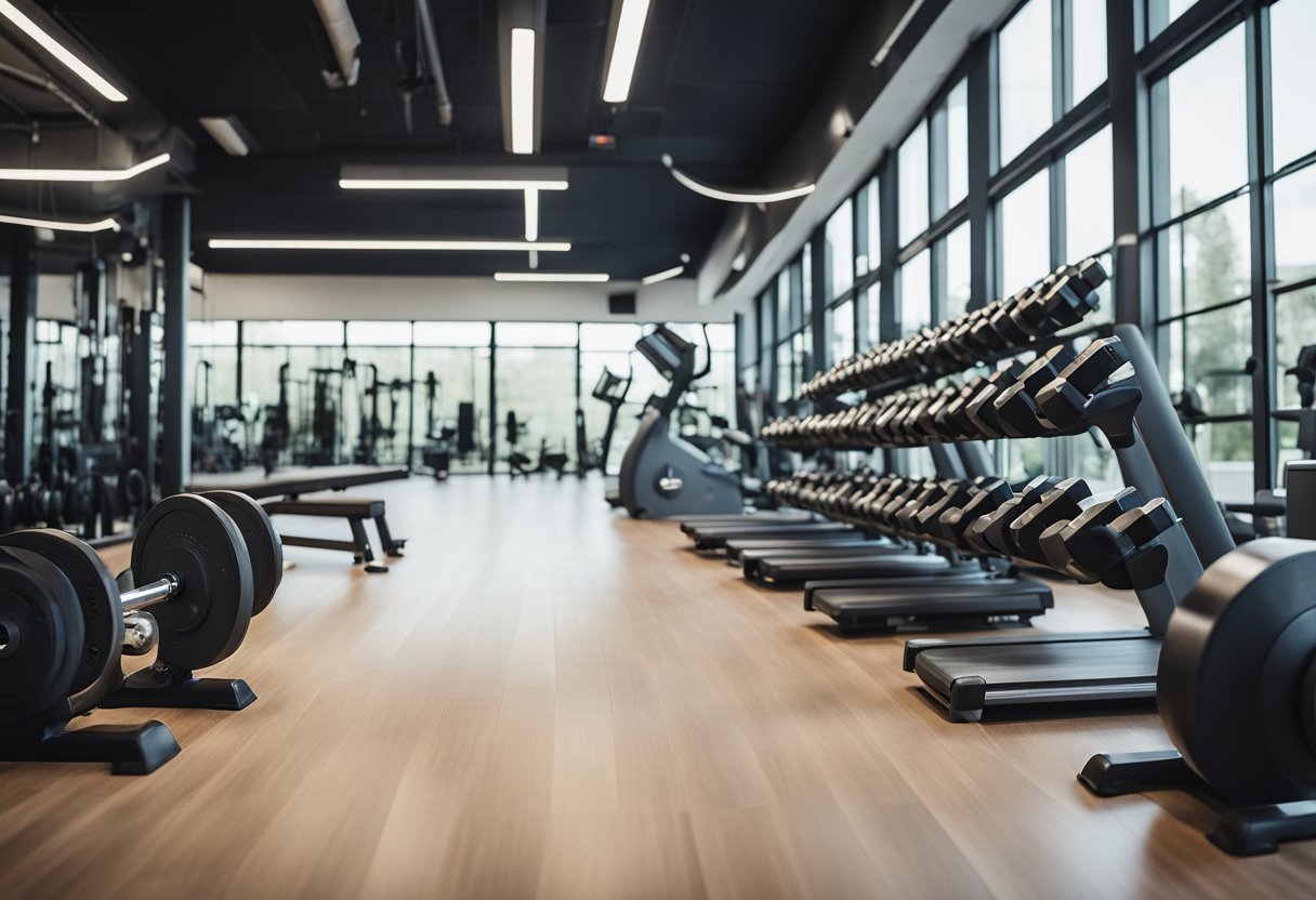 A gym with various strength training equipment arranged neatly, including dumbbells, resistance bands, and weight machines. A senior-friendly atmosphere with bright lighting and clear signage for easy navigation