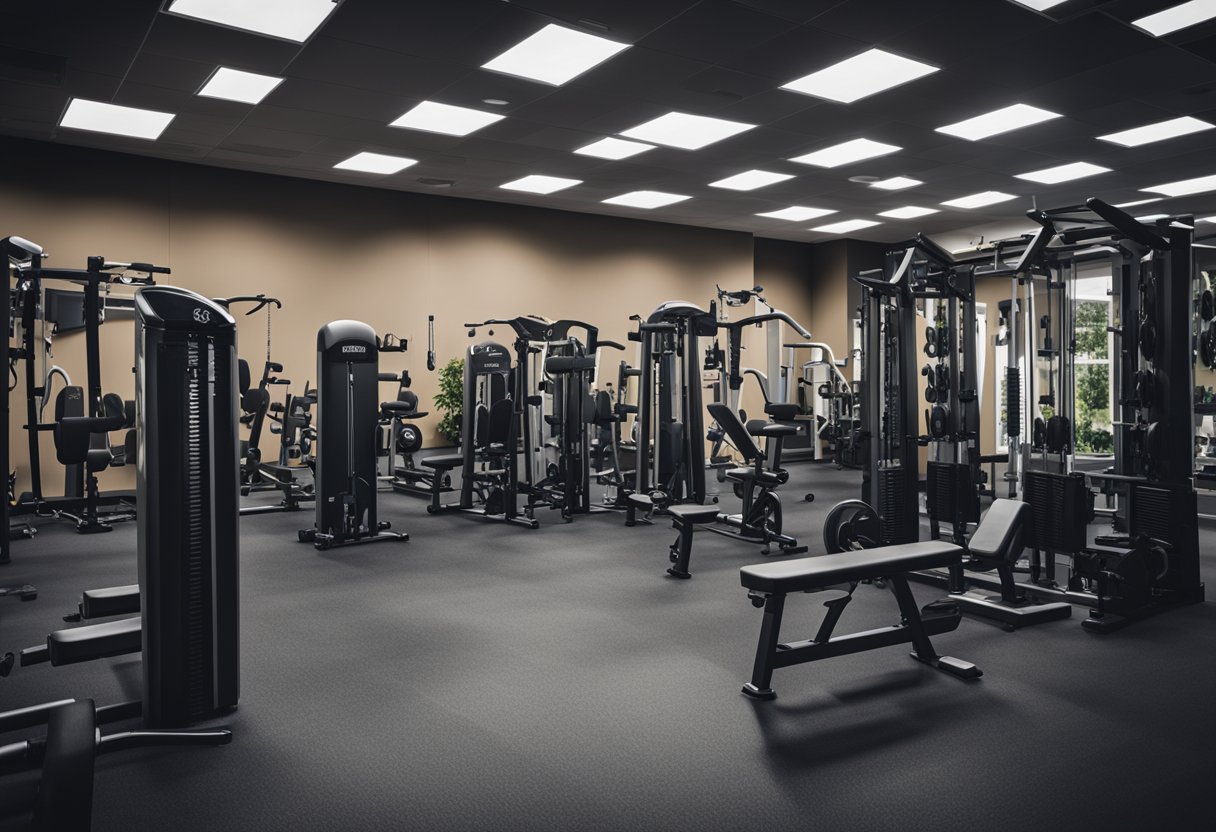 A brightly lit gym with various strength training equipment arranged in an organized manner. A senior-friendly exercise chart is displayed prominently on the wall