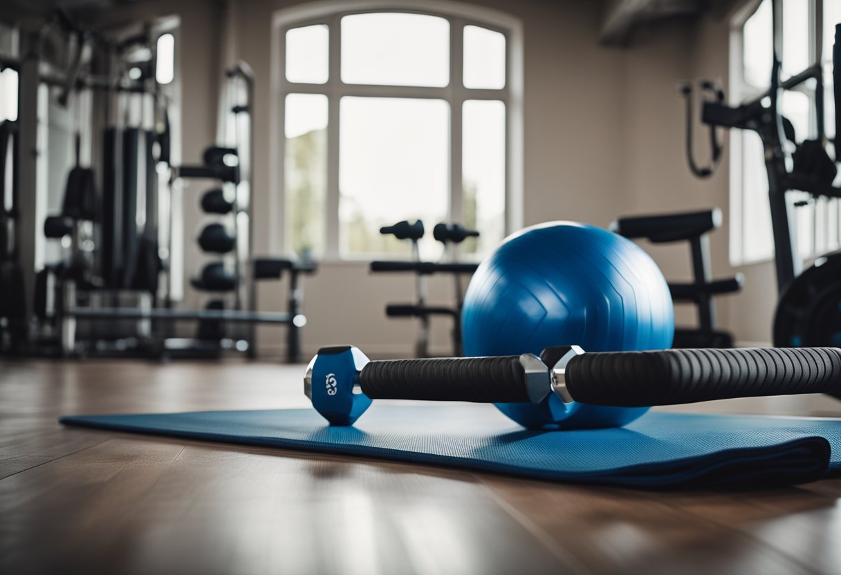 A set of resistance bands, dumbbells, and a stability ball are arranged next to a chair with modifications for senior strength training