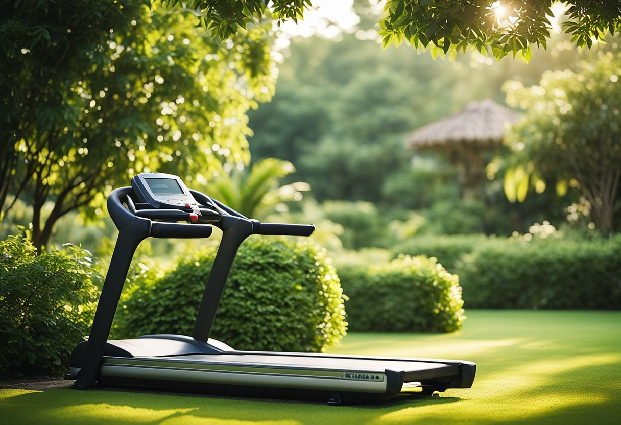 A serene garden with a variety of exercise equipment, surrounded by lush greenery and a peaceful atmosphere