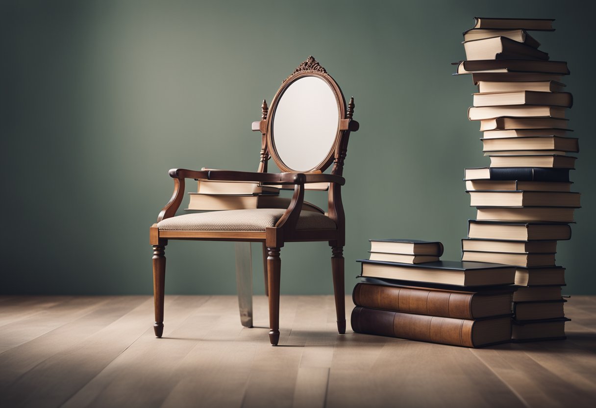 A straight-backed chair, a stack of books for a footrest, and a mirror to check alignment