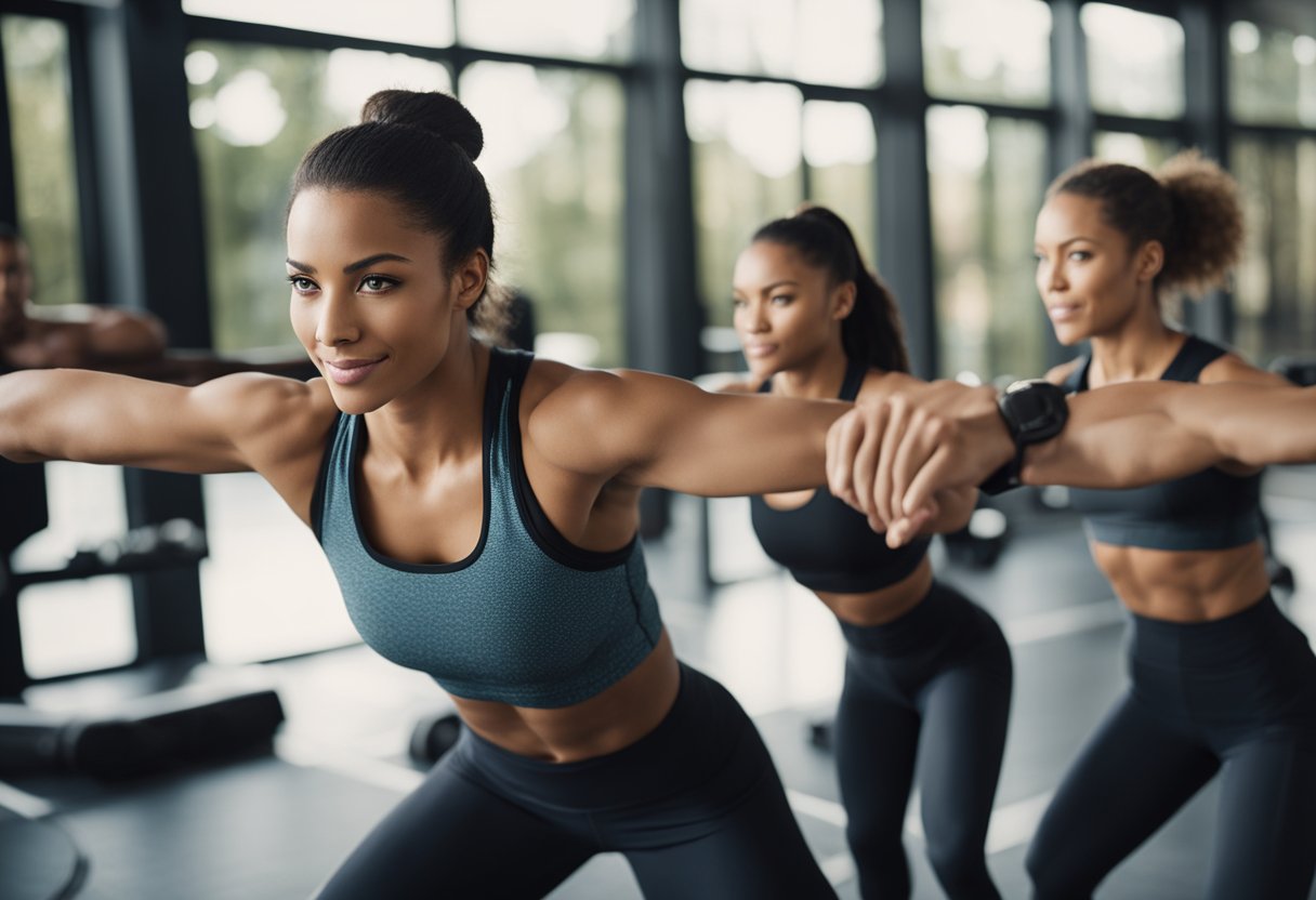 Athletes stretch and move in a group, warming up before a workout. Dynamic movements include leg swings, arm circles, and lunges