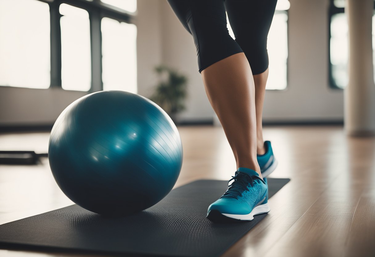 A stability ball sits on the floor next to a yoga mat. A person's feet are raised on the ball while they perform a core exercise