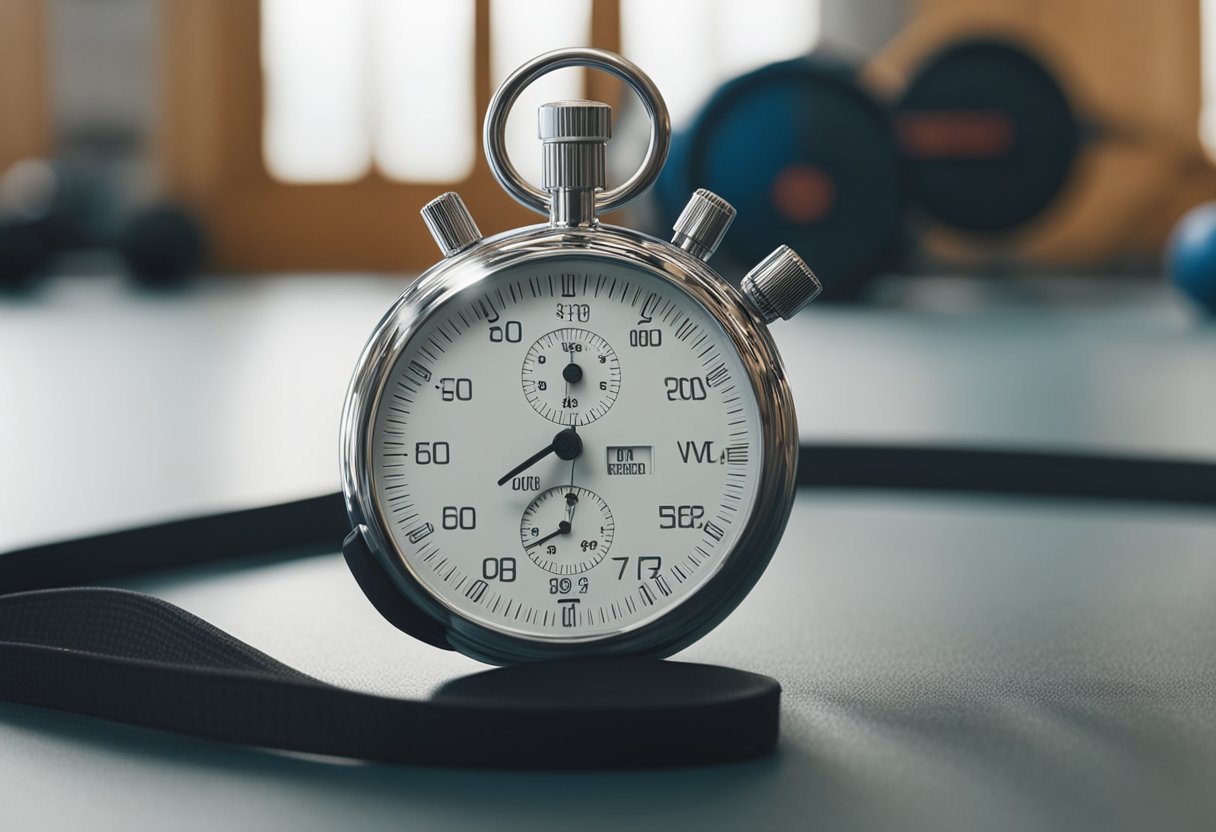 A stopwatch sits beside a gym mat, surrounded by various exercise equipment. The room is filled with energy and determination as participants push themselves through a Tabata workout