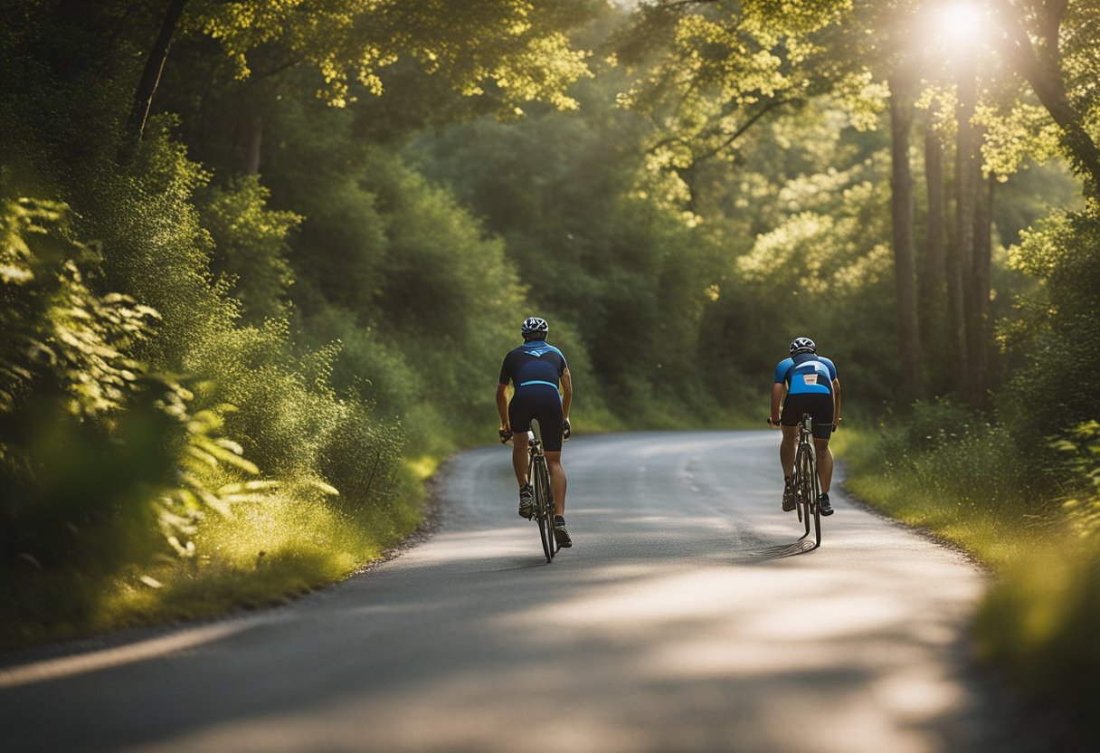 A swimmer glides through clear water, while a cyclist speeds along a winding road, and a runner races across a scenic trail