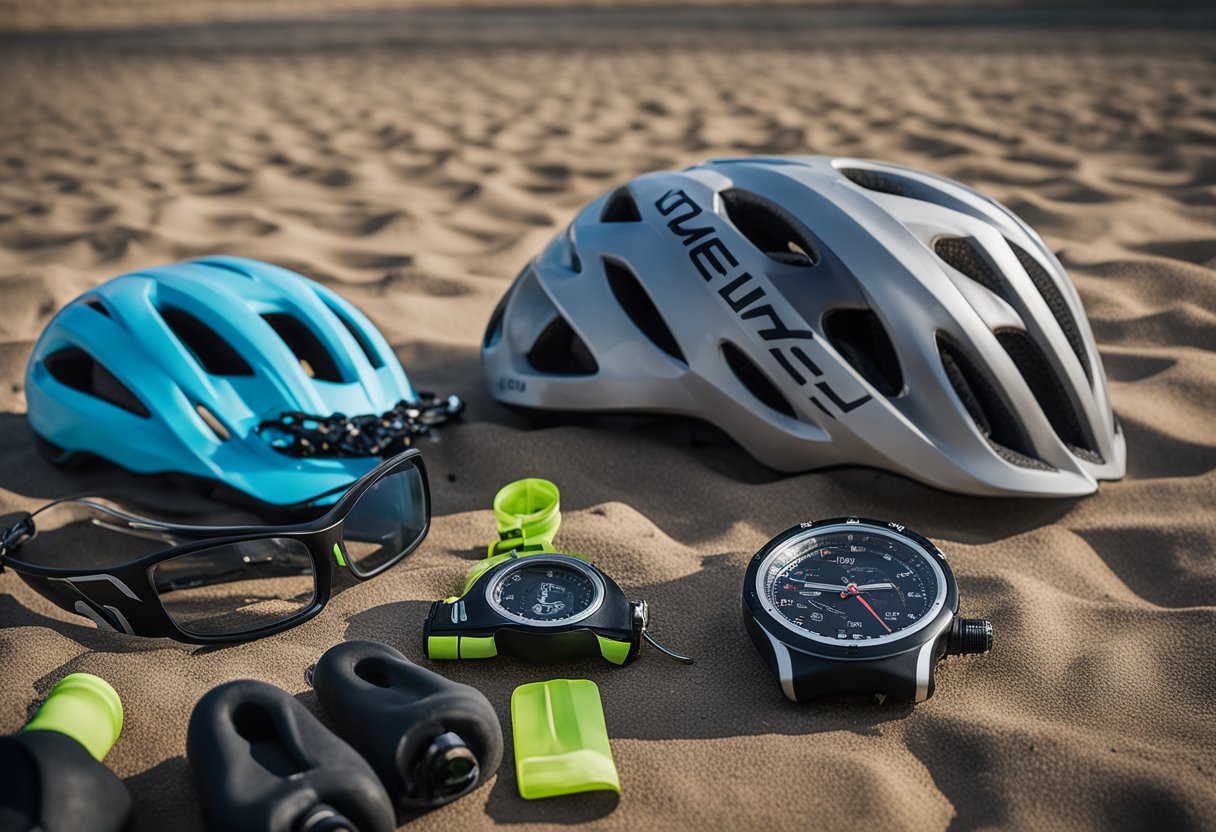 A bicycle, running shoes, and a wetsuit lay on the ground, surrounded by water bottles, a helmet, and a stopwatch. A training plan is pinned to the wall