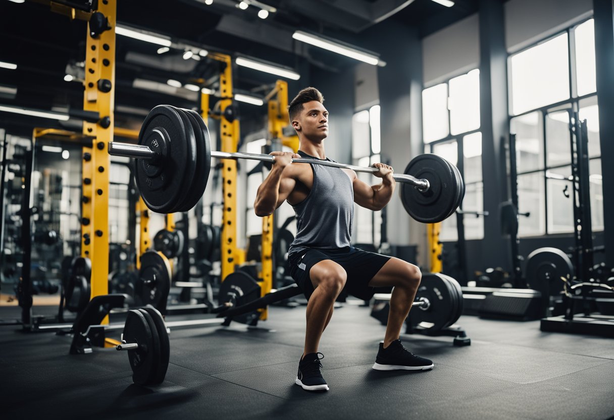 A teenager lifting weights in a gym, surrounded by various strength training equipment and motivational posters