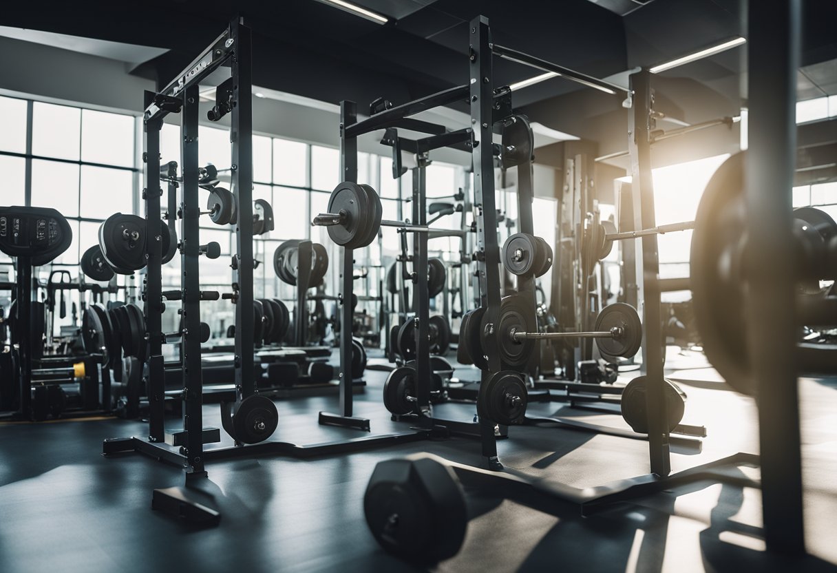 A well-lit gym with various strength training equipment, including dumbbells, barbells, weight machines, and resistance bands. Mirrors line the walls, and rubber flooring provides a safe surface for lifting and exercising