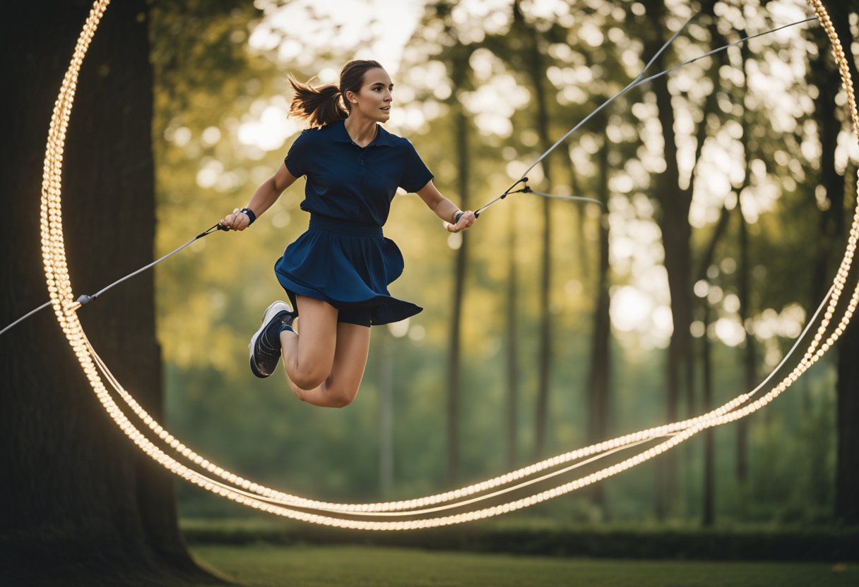 A jump rope swings in mid-air, creating a circular motion. The rope is taut and ready for use