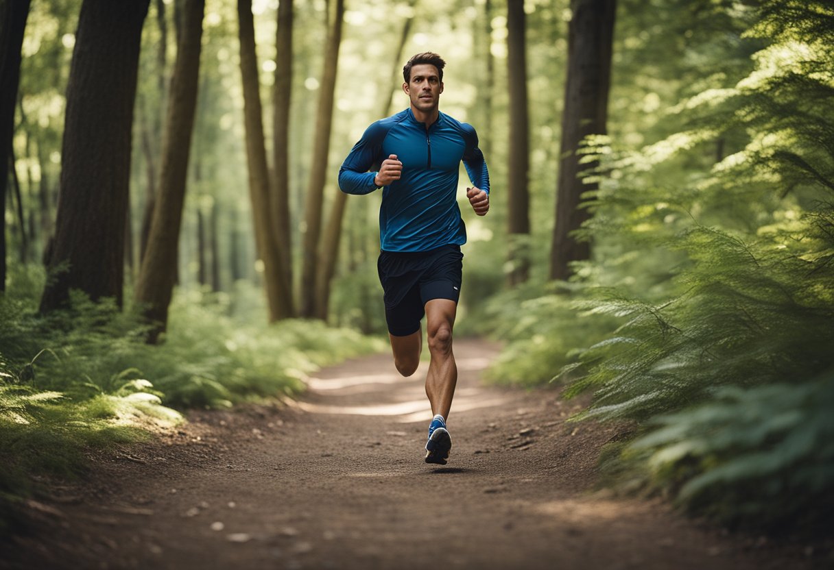 A runner conquers a challenging trail, surrounded by towering trees and a winding path, showcasing perseverance and strength