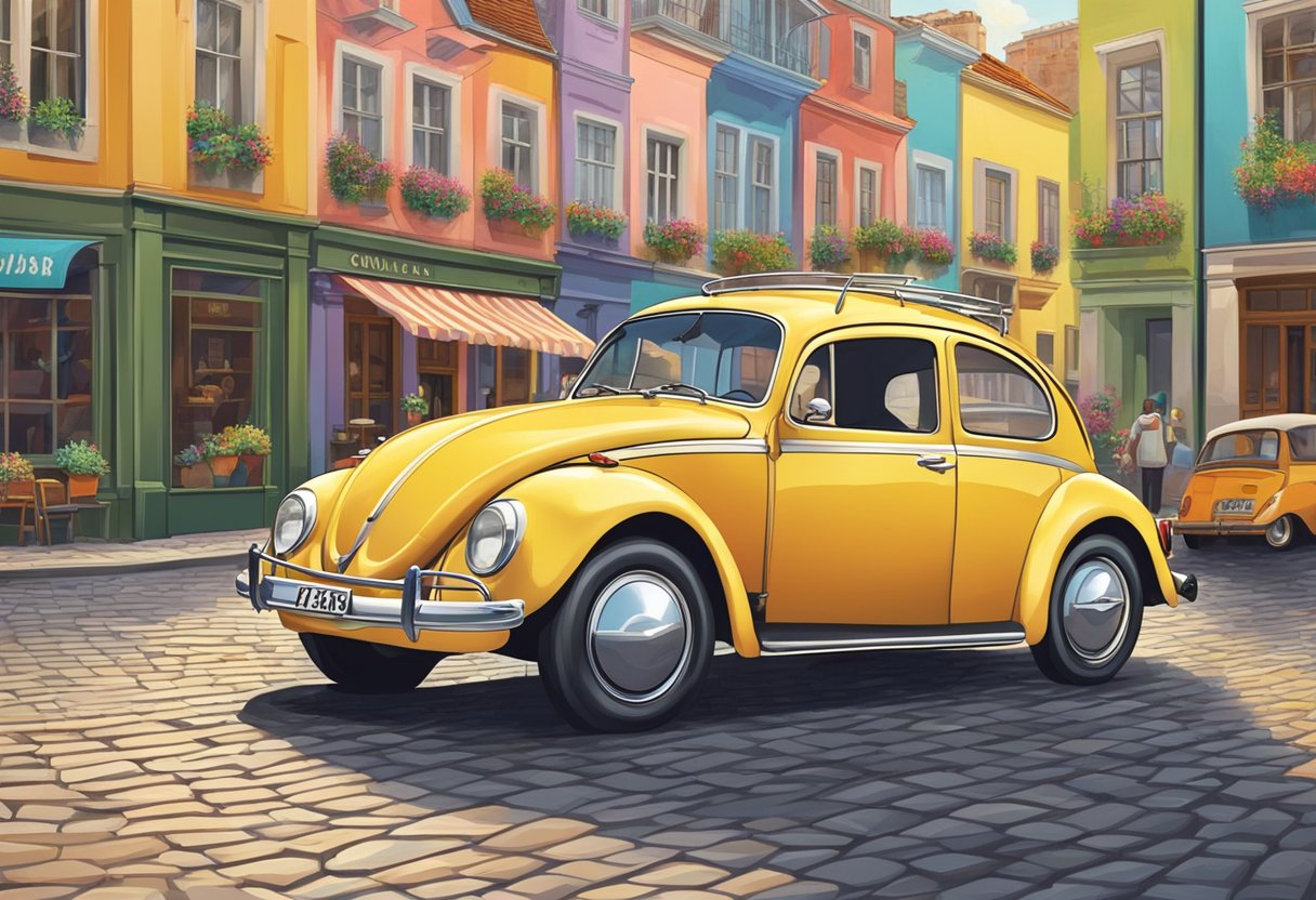 A vintage Volkswagen Beetle parked on a cobblestone street, surrounded by colorful buildings and a bustling market