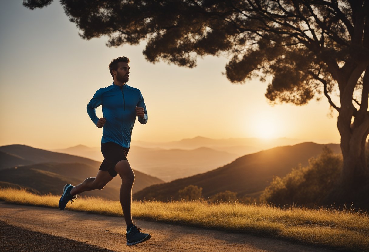 A runner's silhouette against a sunset, with focus on their steady stride and determined expression. Surrounding scenery includes rolling hills and a winding path