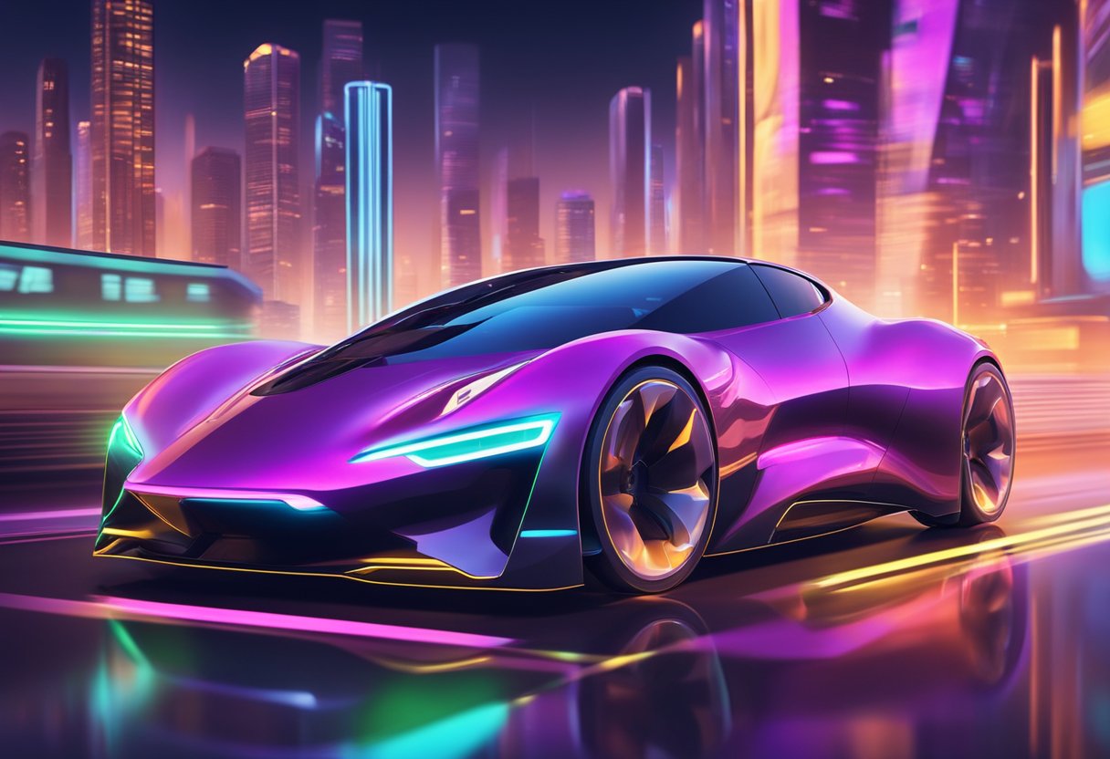 An electric sports car speeding through a futuristic city at night, with neon lights reflecting off its sleek, aerodynamic body