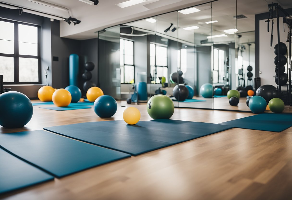 A bright, spacious room with a rubber floor, large mirrors, and various workout equipment neatly organized along the walls. A yoga mat and exercise ball are placed in the center, inviting a sense of balance and tranquility