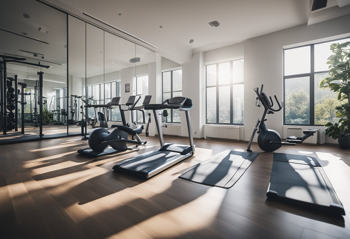 A spacious room with exercise equipment arranged neatly. Large windows let in natural light, and motivational posters adorn the walls. A yoga mat and free weights are neatly organized in one corner