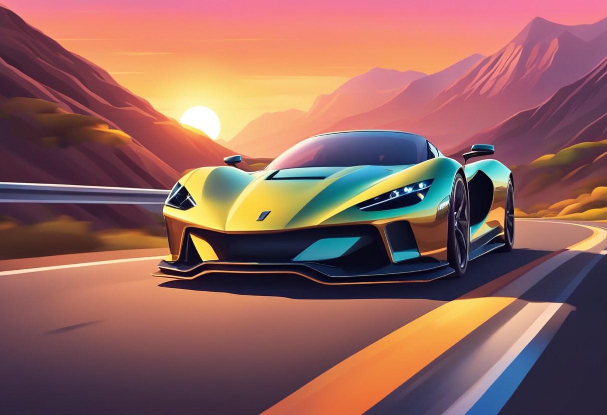 A sleek exotic supercar speeds through a winding mountain road, with the sun setting in the distance, casting a warm glow on the vibrant colors of the car