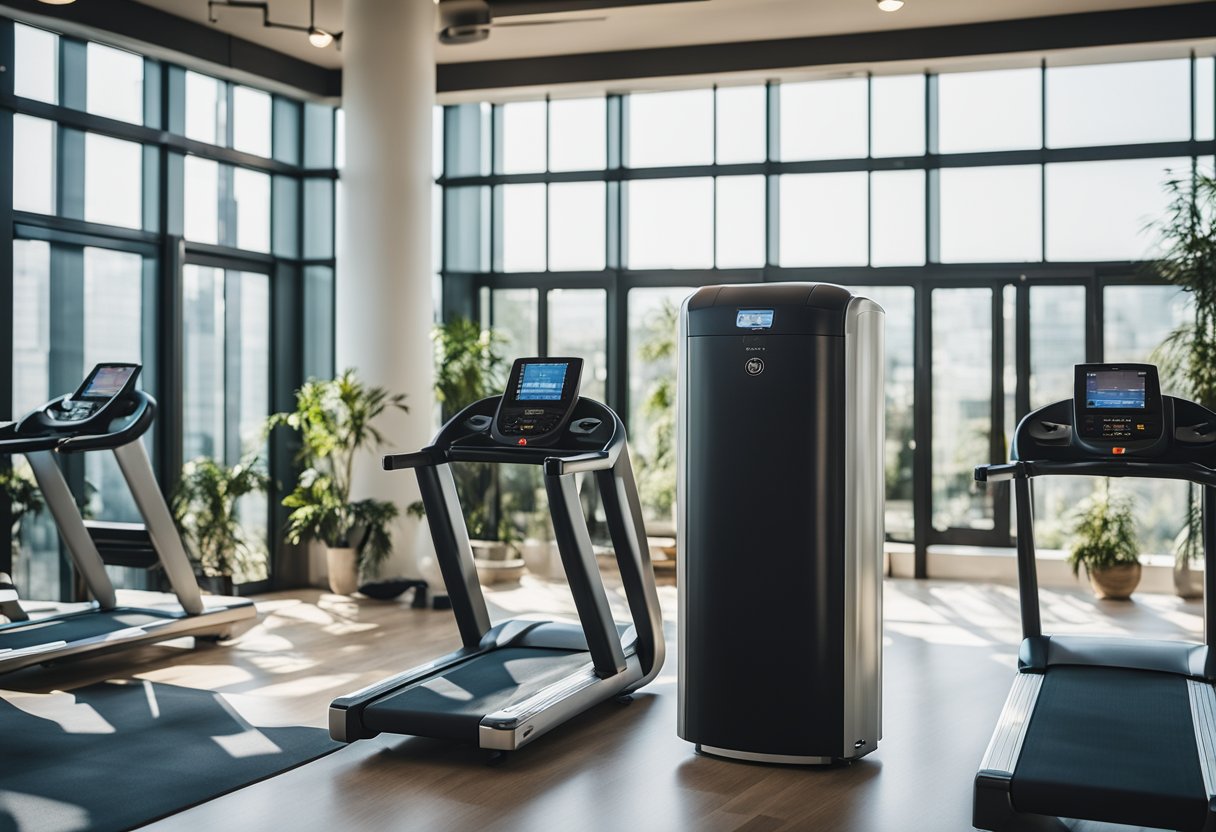 A spacious room with gym equipment arranged neatly. Large windows let in natural light, and motivational posters adorn the walls. A water cooler sits in one corner, and a stereo system is placed in another