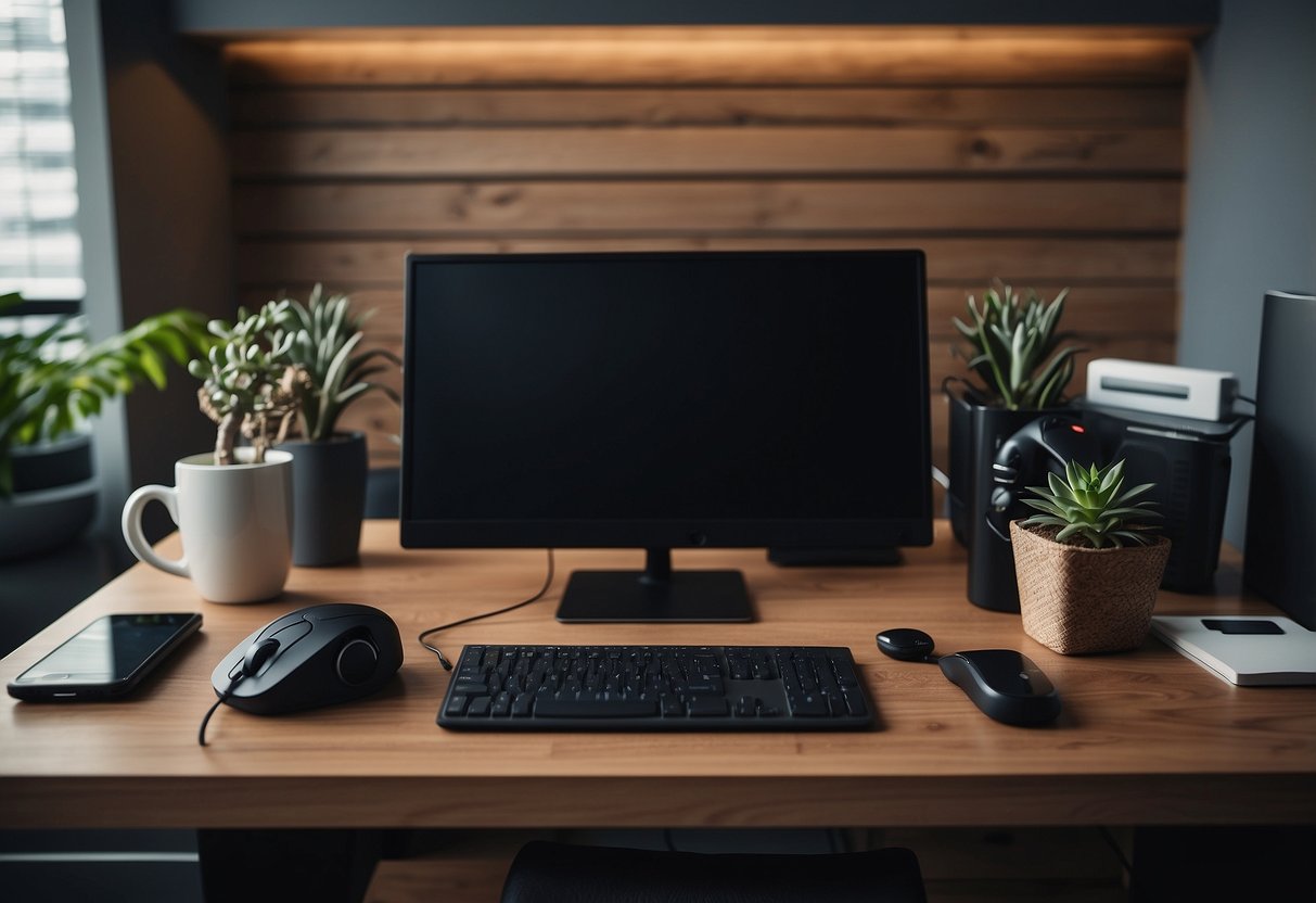 A desk with a computer, headset, and phone. A simple, clean workspace with minimal clutter