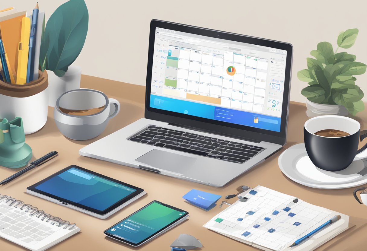 A laptop with social media icons open, a calendar, and a cup of coffee on a desk. The screen displays "Automate Your Social Media" and "Tools for ButterB."