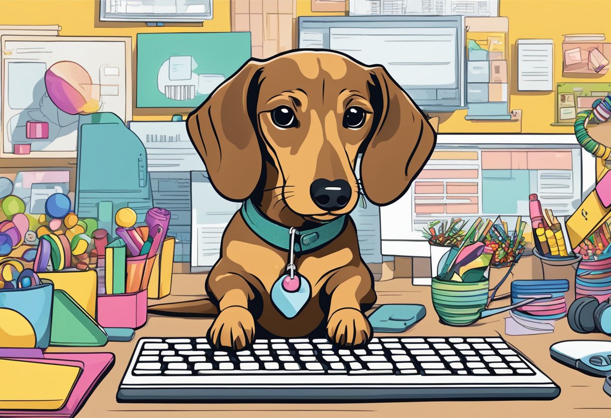 Buttercup the Dachshund sits beside a computer with social media scheduling tools open, surrounded by colorful toys and treats