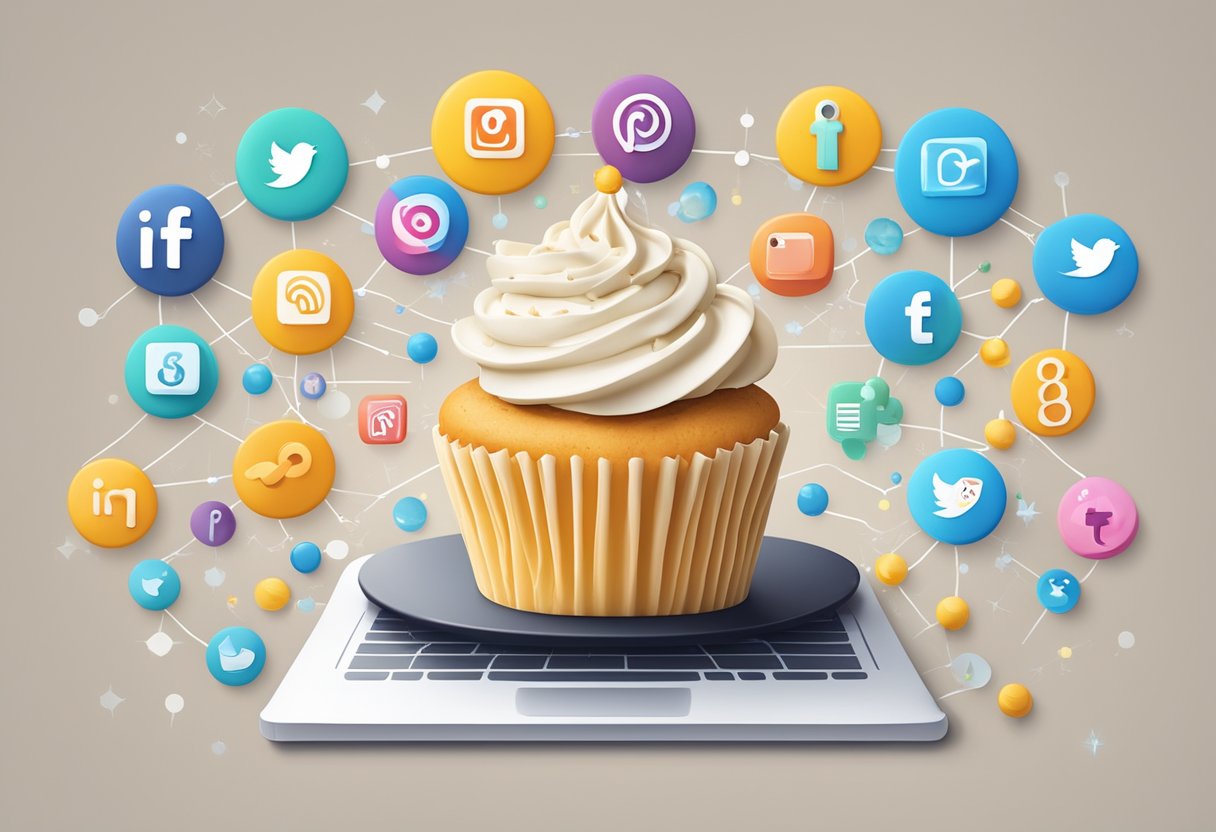 Social media icons arranged around a buttercream cupcake, with automation tools like scheduling calendars and analytics graphs in the background