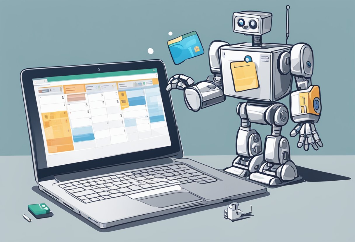 A laptop with social media logos open, a calendar with scheduled posts, and a robot hand clicking "publish" for Butterb content