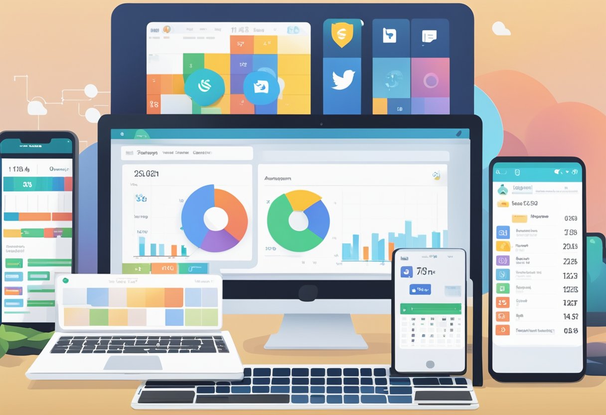 A computer screen displaying a social media scheduling tool with a calendar, clock, and ButterB logo. A smartphone with notifications and a tablet with analytics graphs sit nearby
