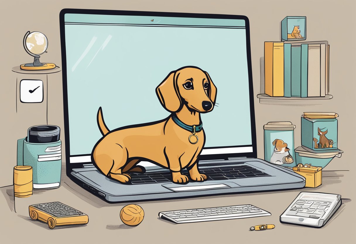 Buttercup the Dachshund sits on a cozy dog bed surrounded by toys, while a laptop shows a website with "Monetizing Pet Content" on the screen
