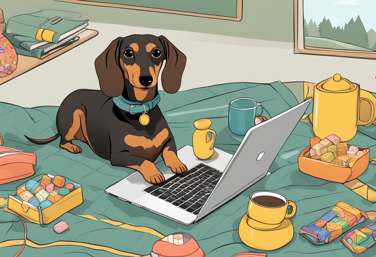 Buttercup the Dachshund sitting on a cozy blanket, surrounded by toys and treats. A laptop displaying "Understanding Your Audience and Buttercup's Appeal Monetizing Pet Content" is open nearby