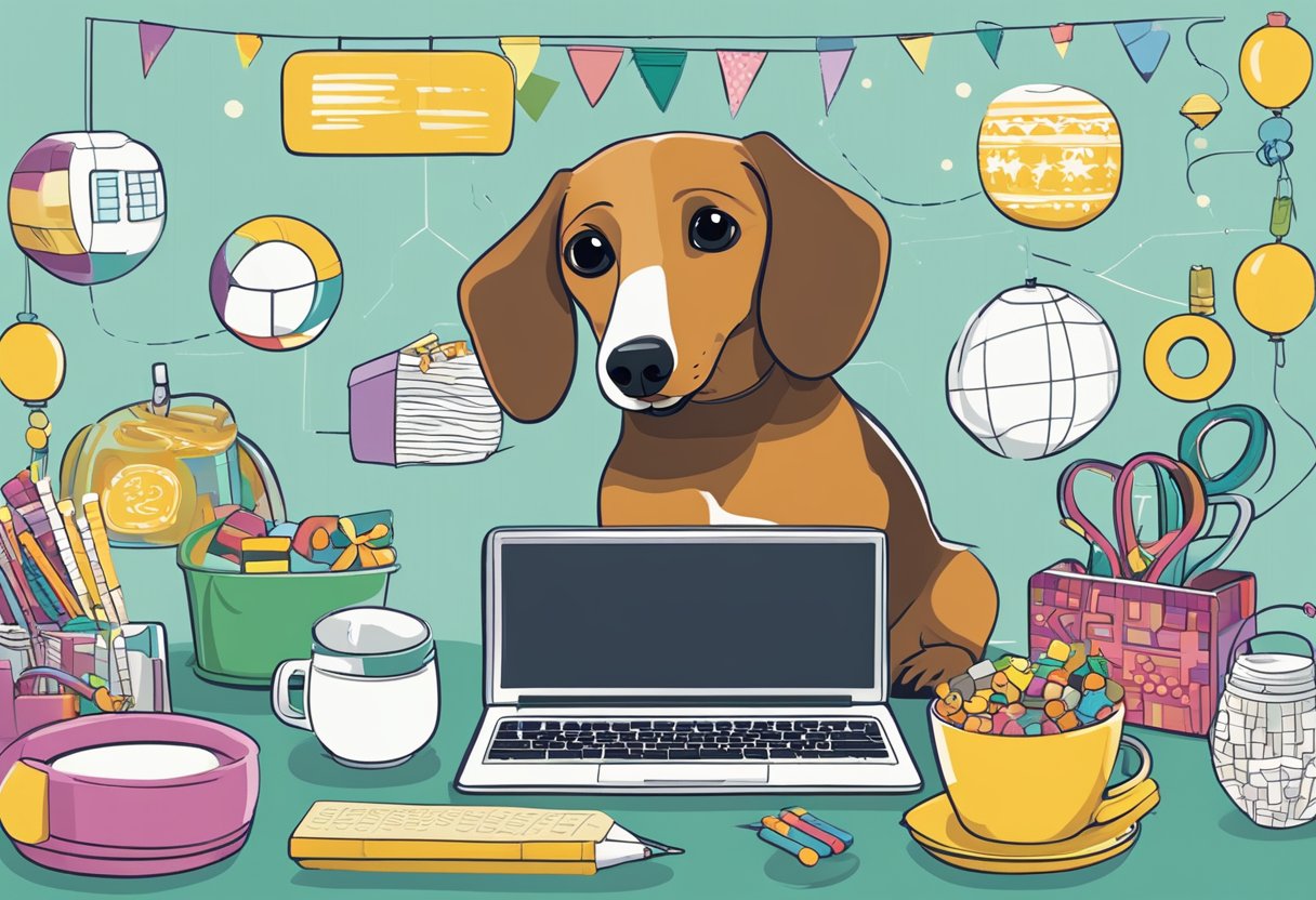 Buttercup the Dachshund sits on a cozy bed surrounded by toys and treats. A laptop displaying "Crafting Engaging Content with Buttercup" is open, showing a graph of increasing profits