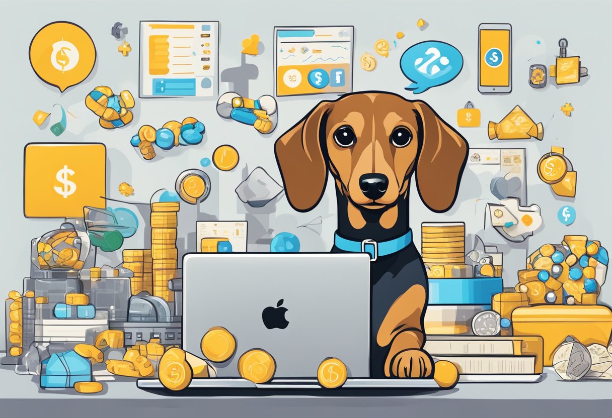 Buttercup the Dachshund poses with toys and treats, surrounded by social media icons and dollar signs. A laptop displays analytics and revenue graphs