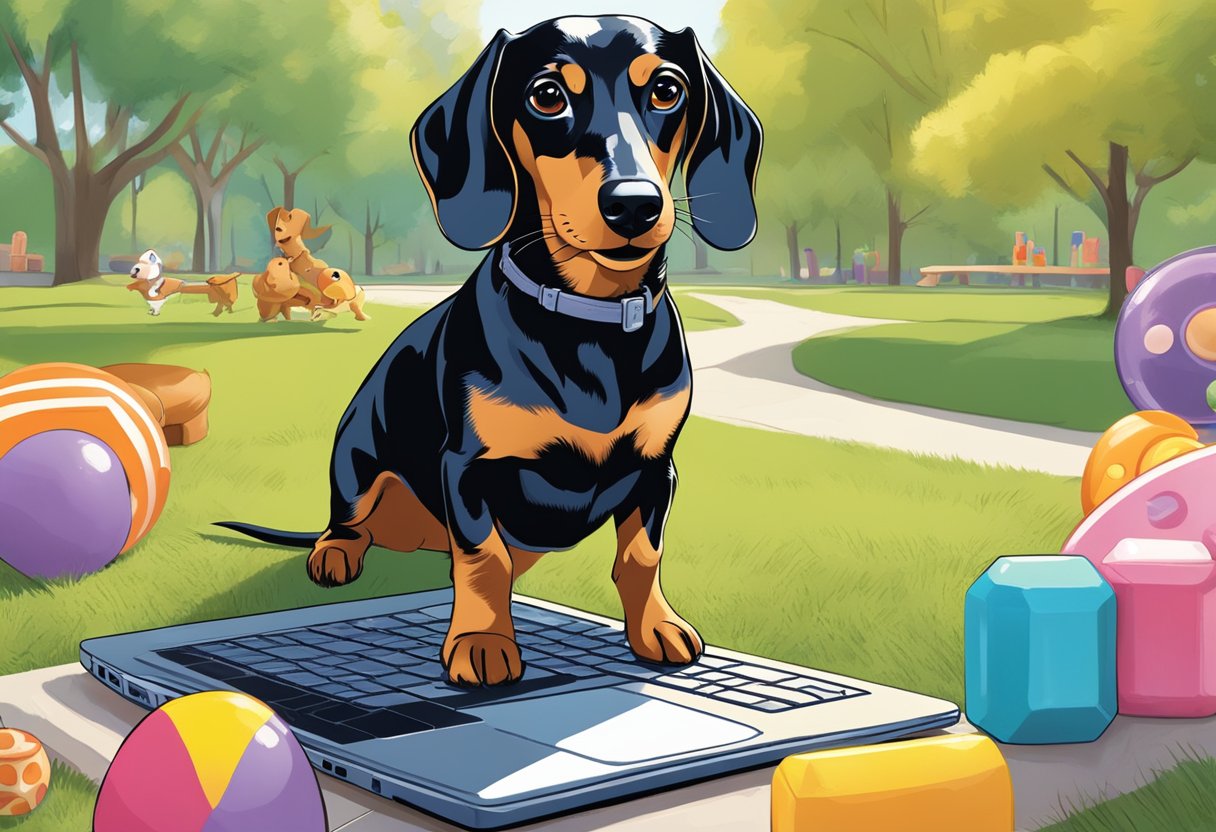 Buttercup the Dachshund frolics in a sun-drenched park, surrounded by toys and treats. A laptop displays "Monetizing Pet Content" as a guidebook