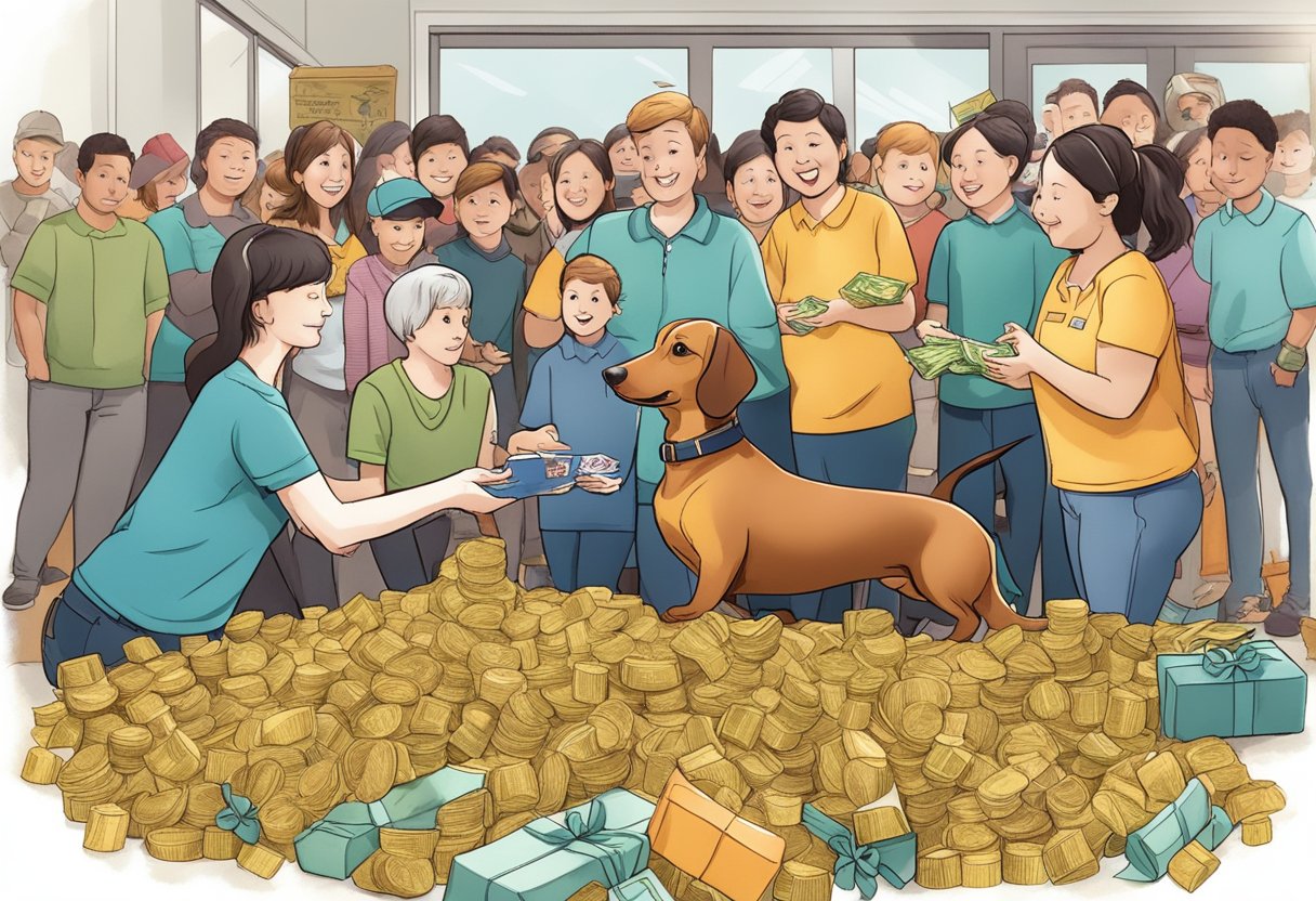 Buttercup the Dachshund surrounded by adoring fans, receiving treats and toys, while her owner counts money from pet content sales