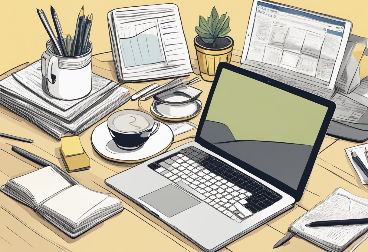 A desk cluttered with notebooks, a laptop, and various writing tools. A stack of Buttercup's stories sits beside a cup of coffee, ready to be transformed into blogs and social media posts