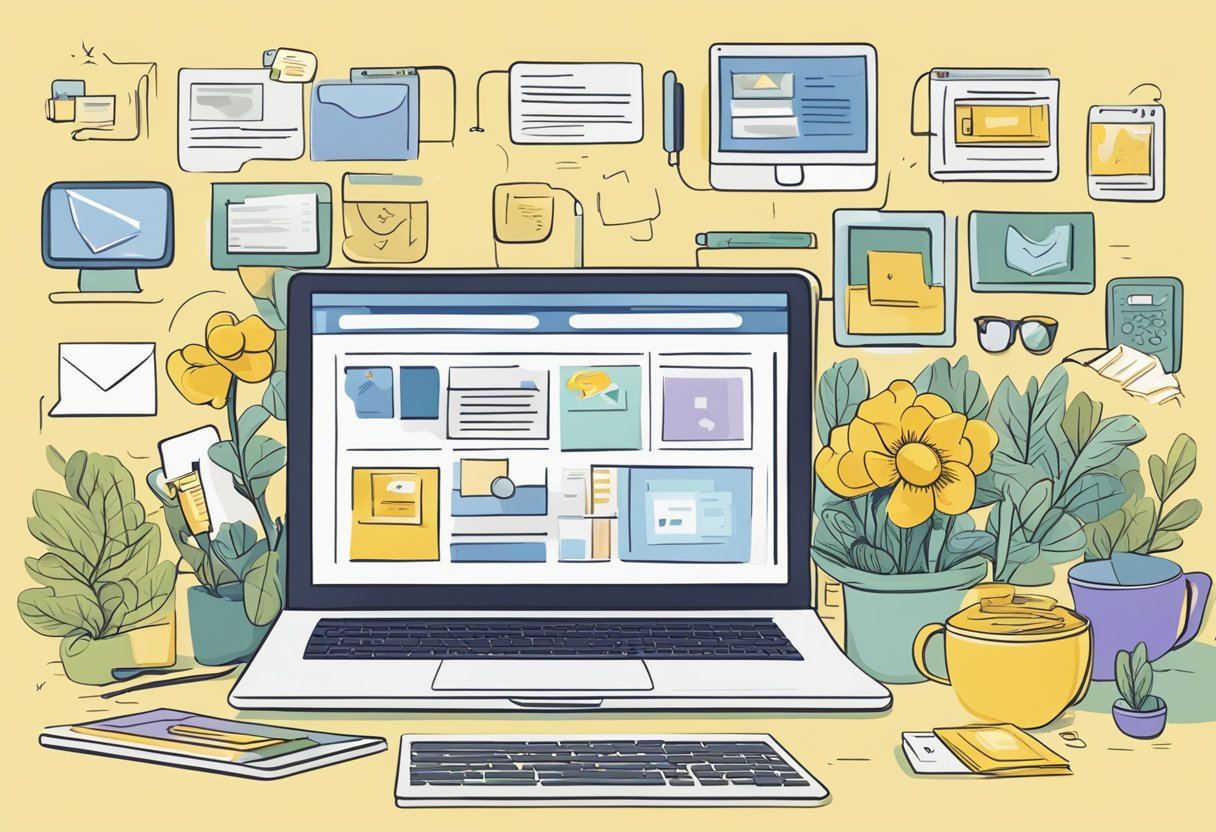 A laptop displaying Buttercup's stories, surrounded by various content types (blogs, social media posts, videos)