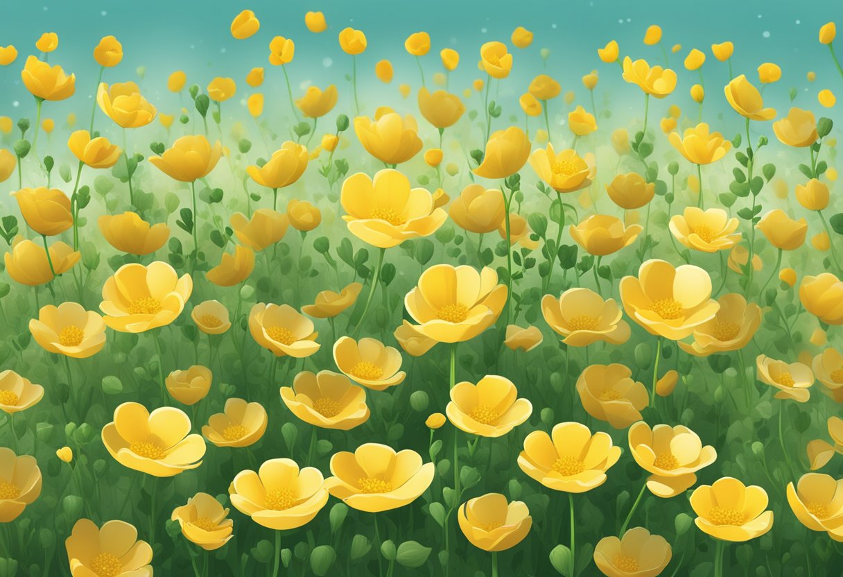 Buttercup's social media growth: A flower blooming amidst a flurry of likes, shares, and comments, with a growing number of followers in the background