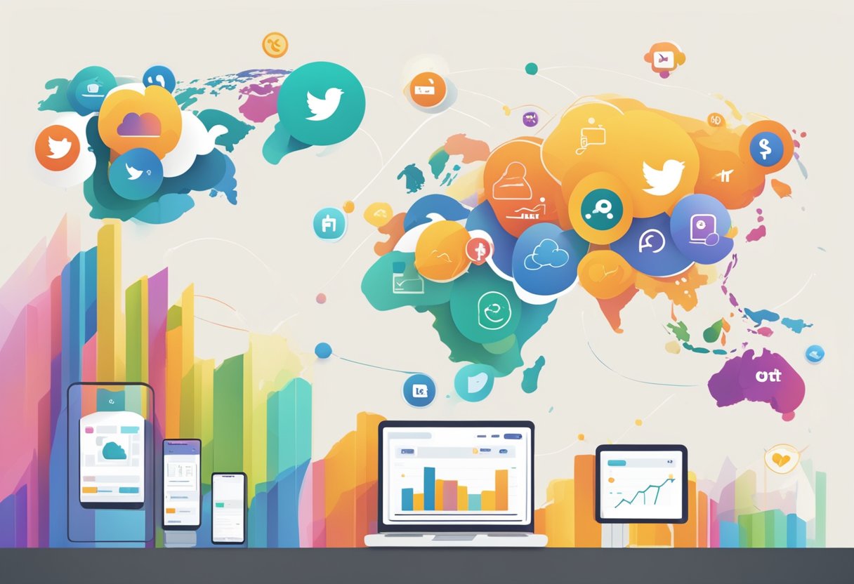 Buttercup's social media growth shown through a graph trending upwards, with platform logos in the background. Posts and likes increase over time